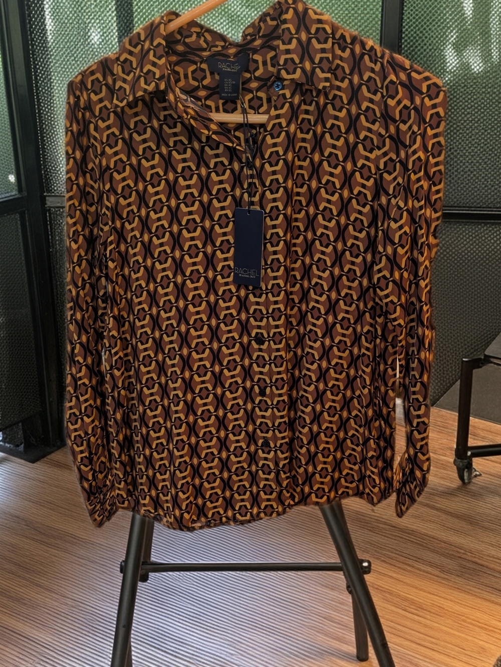 RACHEL Rachel Roy Brown and Black Geometric Button-Down Shirt